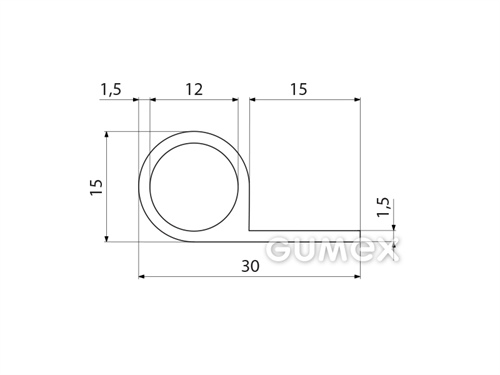 Silikónový profil tvaru "P" s dutinkou, 30x15/1,5mm, 60°ShA, -60°C/+180°C, biely